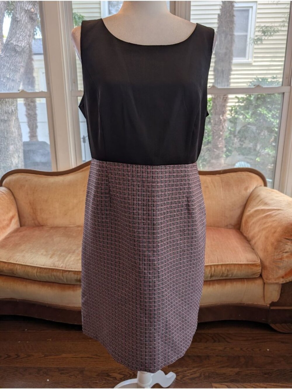 Vintage Sleeveless Colorblock Sheath Dress Size 12 Black Pink Minimalist